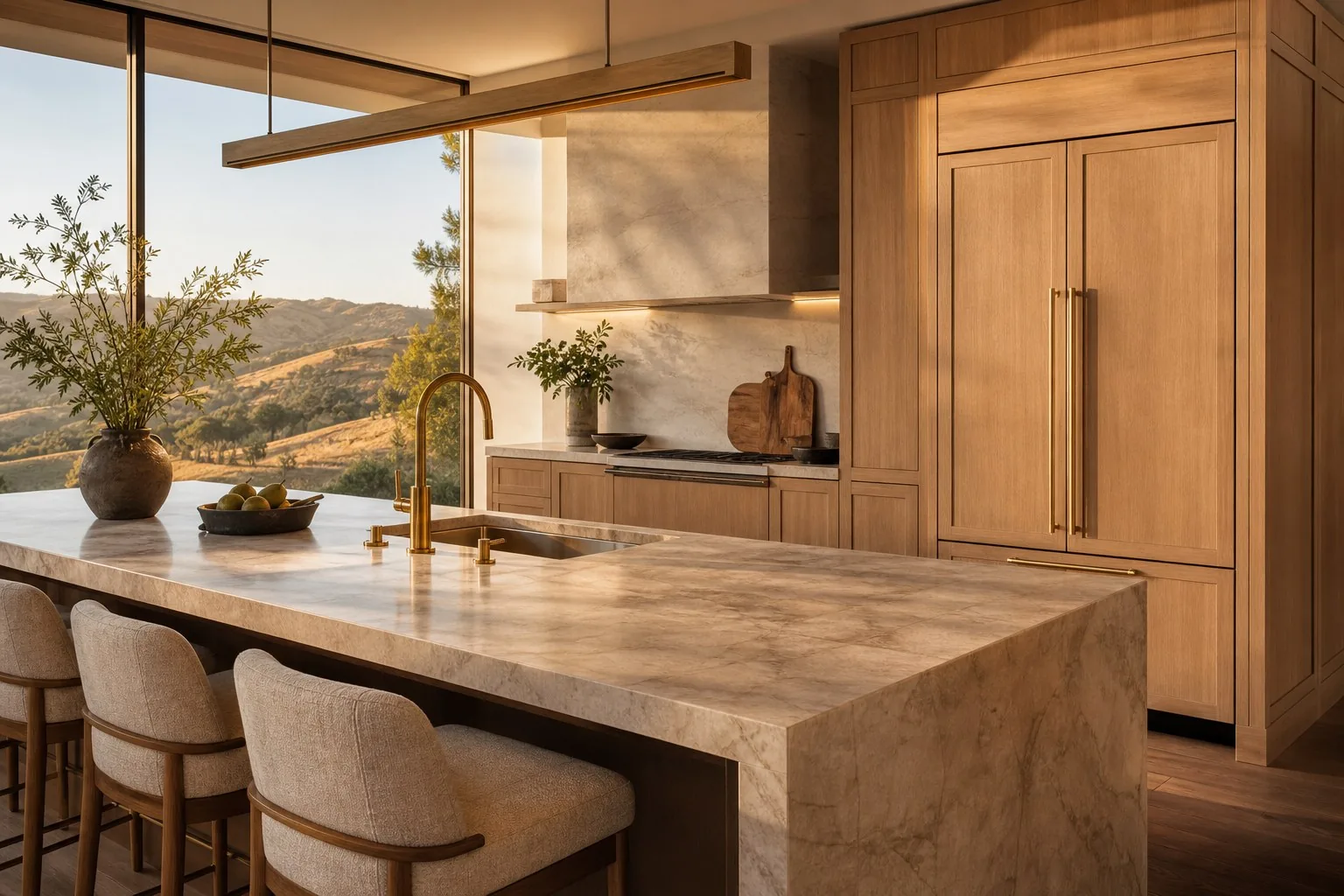 High-end San Ramon kitchen with built-in Sub-Zero refrigeration and a Wolf range