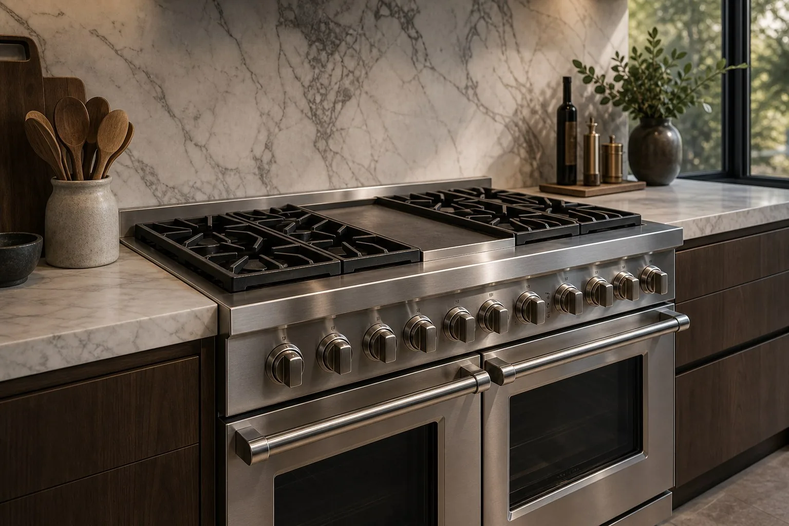 Dual-fuel and gas ranges framed into custom cabinetry